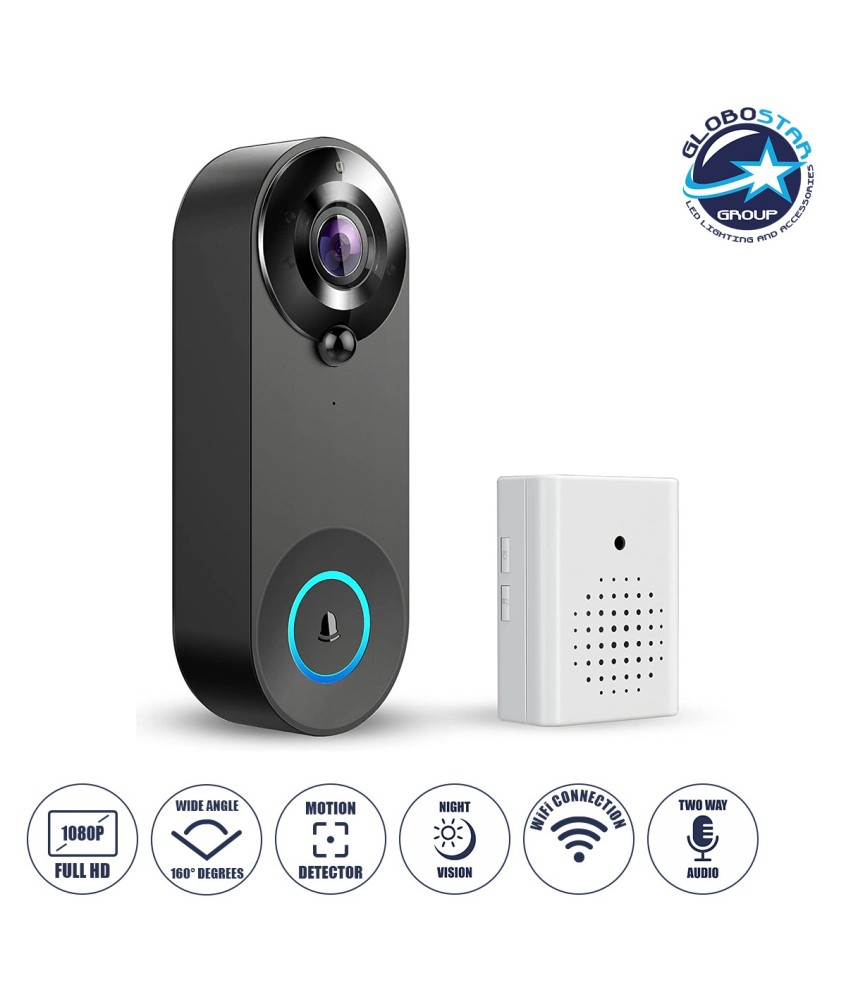 GloboStar® 86075 Επαναφορτιζόμενη Ψηφιακή Έξυπνη Camera Εξώπορτας 1080P WiFi 166° Μοιρών - 2500mAh - Νυχτερινή Όραση με LED IR - Ανιχνευτή Κίνησης - Κουδούνι - Διπλή Κατέυθυνση Ομιλίας - Μαύρο